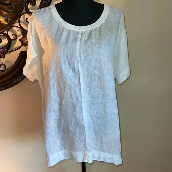 FLAX Women’s White 100% Linen Scoop Neck Pullover Top Tunic Large - Picture 2 of 14